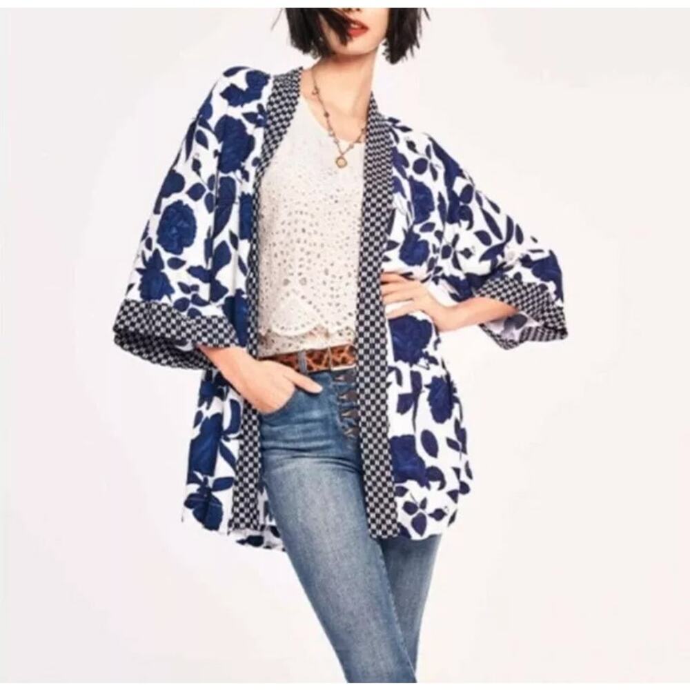 Cabi Women's‎ Botanical Kimono Top Blue White Floral Open Front Stretch #5661 XS